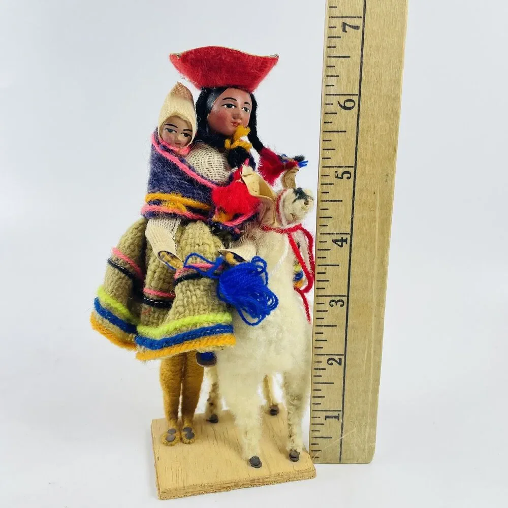 VTG Handmade Peruvian Woman Folk Art Doll w/Baby & Llama 6.5 in Souvenir